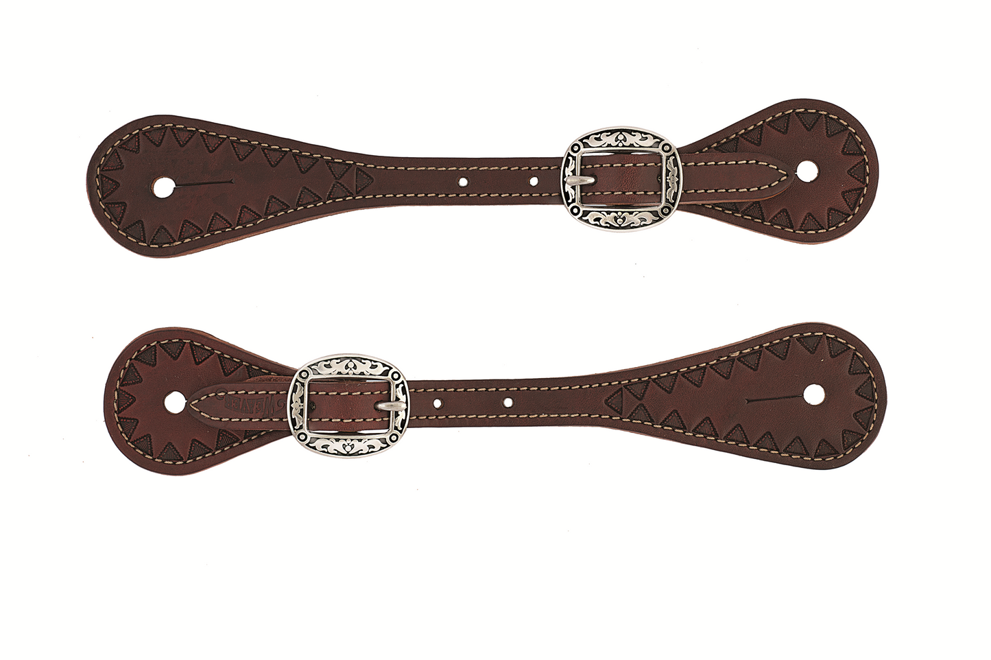 Youth Hand-Tooled Triangle Border Spur Straps, Chestnut