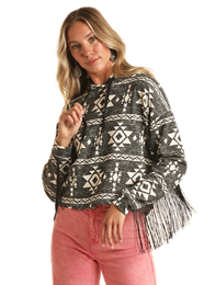 Ladies Aztec Print Fringe Hoodie