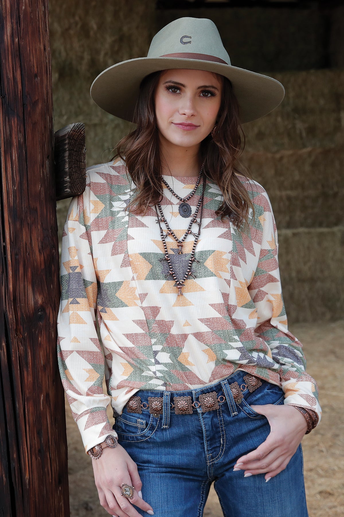 Ladies Aztec Print Longsleeve Tee - Cream