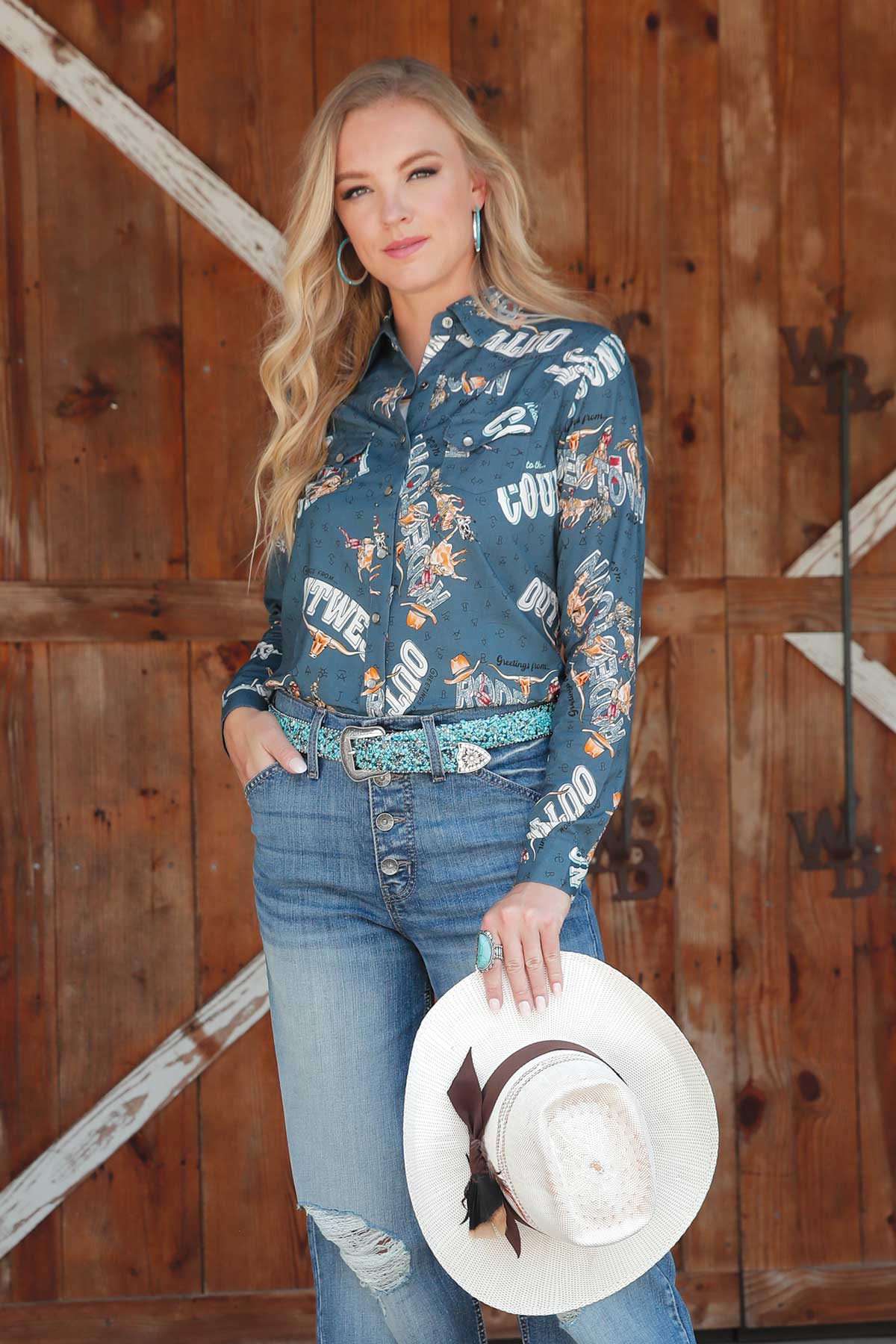 Ladies Girlfriend Fit Western Shirt - Blue