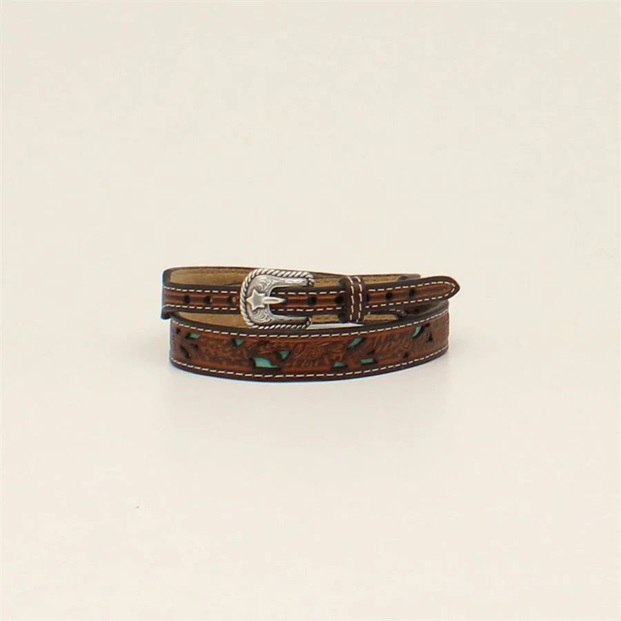 Twister Hat Band - Tooled Feather, Inlay Turquoise
