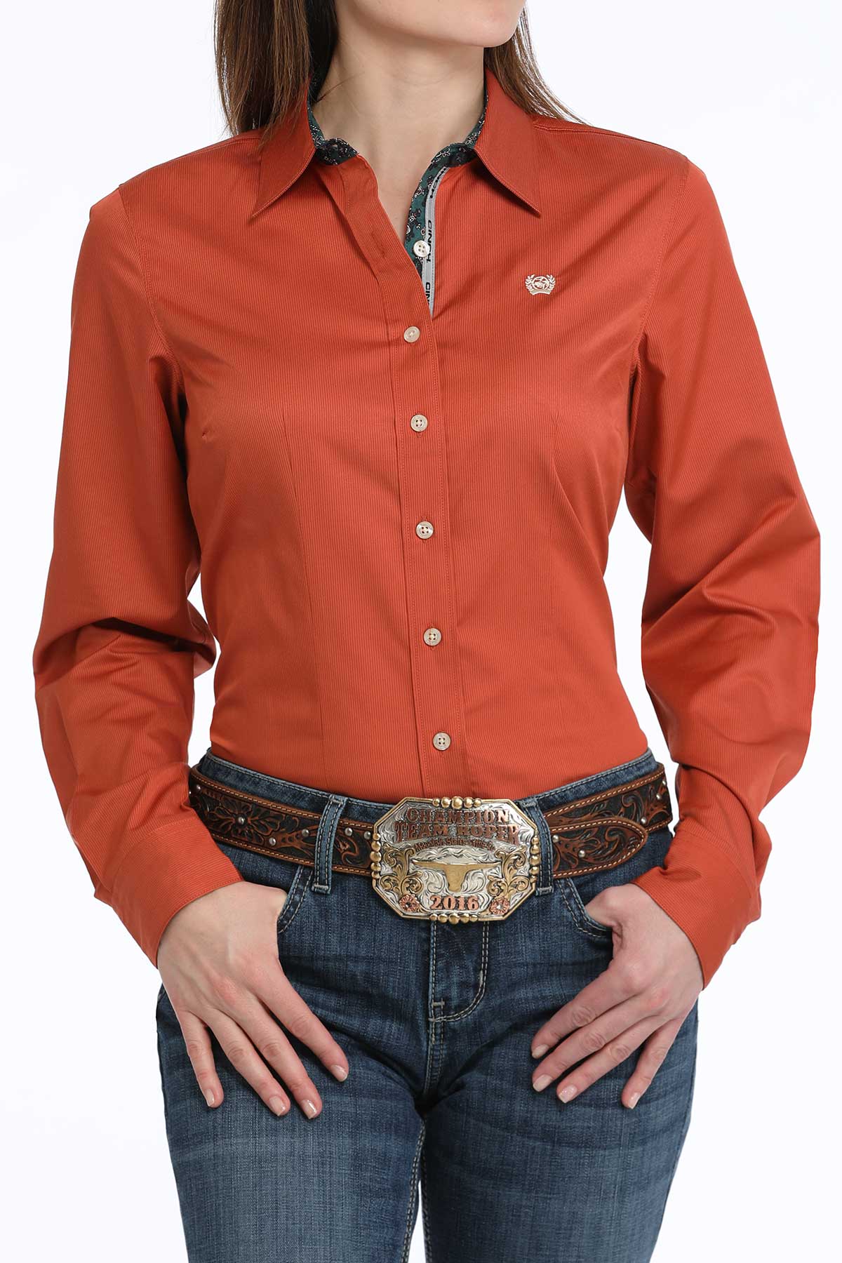 Ladies Tencel Western Shirt - Orange Stripe