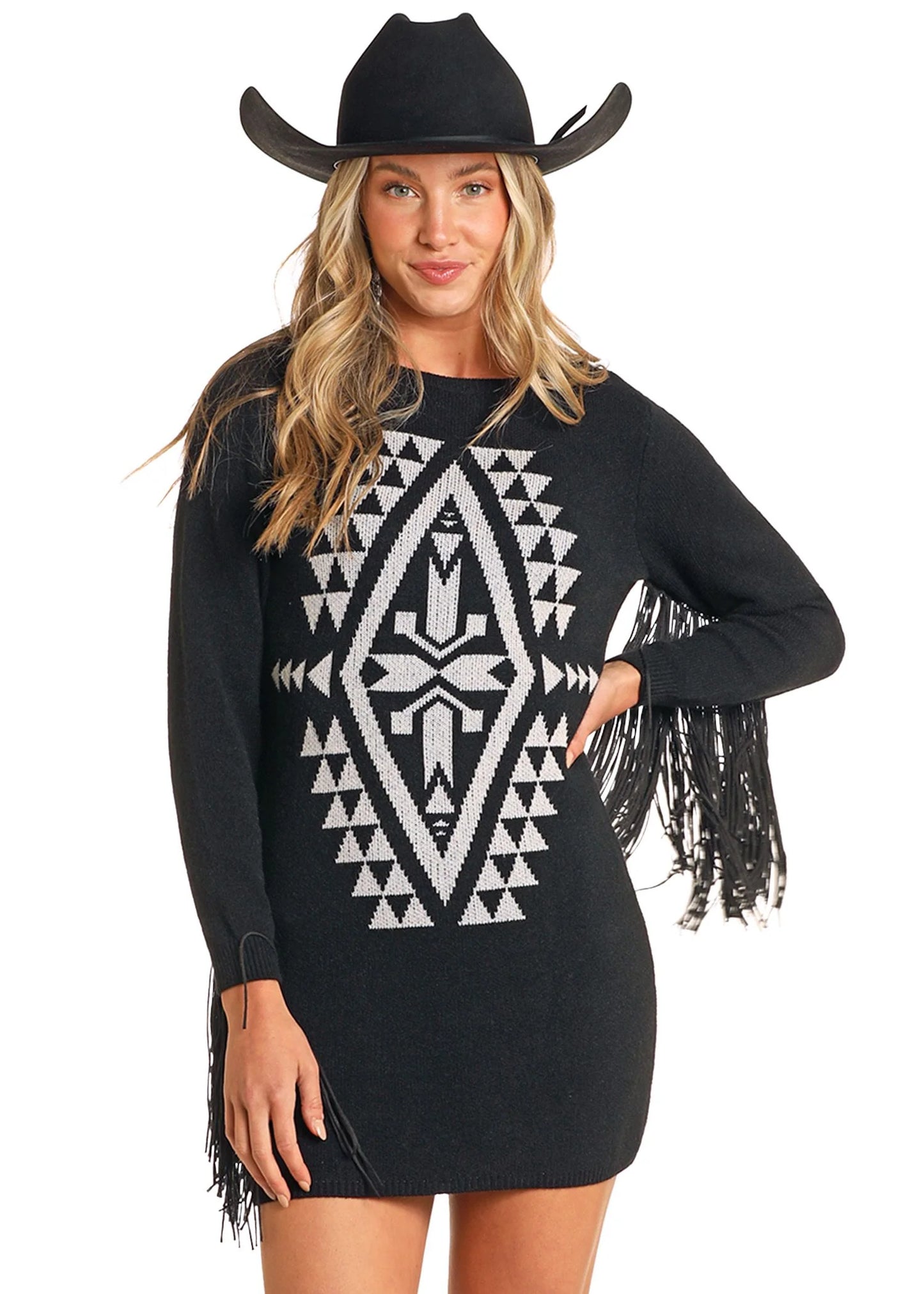 Ladies Aztec Print Fringe Dress