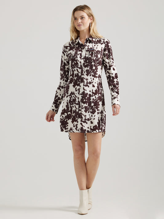 Ladies Snap Shirt Dress - Cowprint