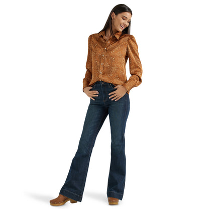 Ladies Retro Satin Blouse - Brown