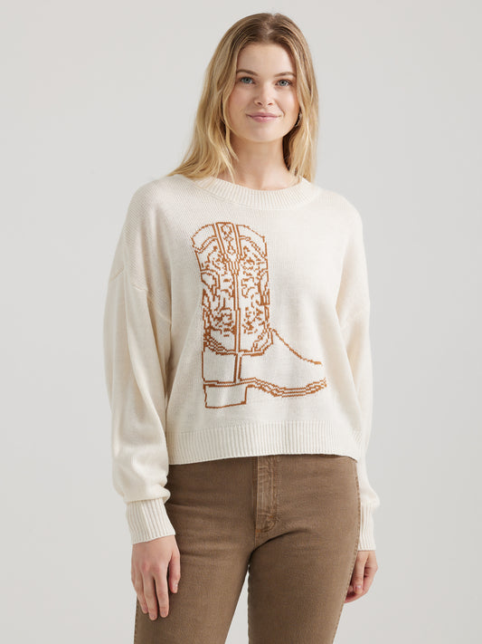 Ladies Knit Cowboy Boot Sweater - White