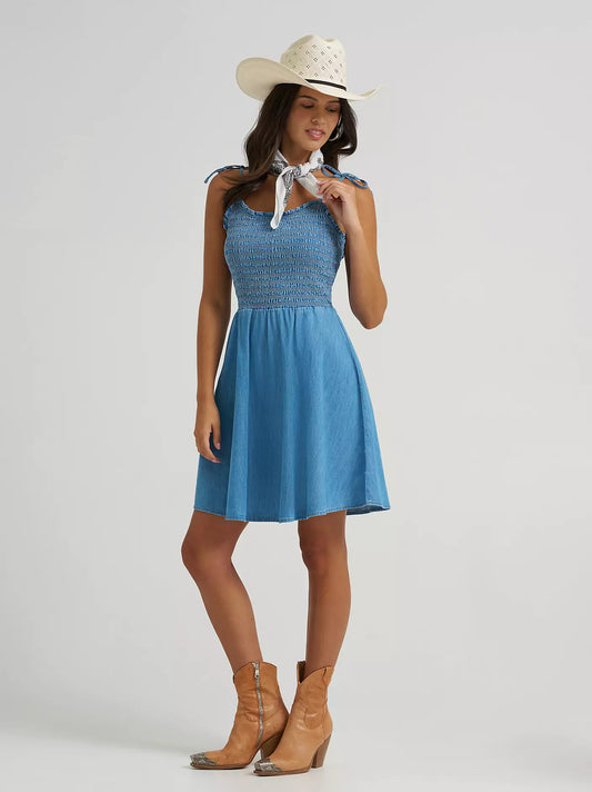 Women's Tie Denim Smocked Dress