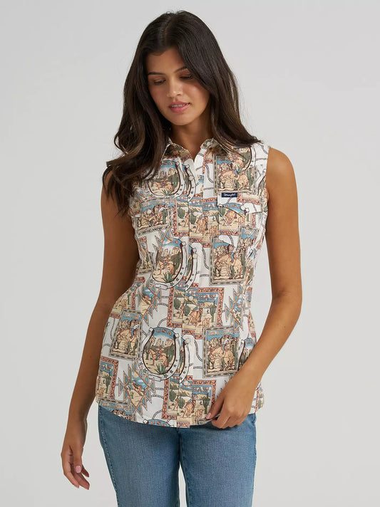 Women's Bold Print Sleeveless Western Snap Shirt