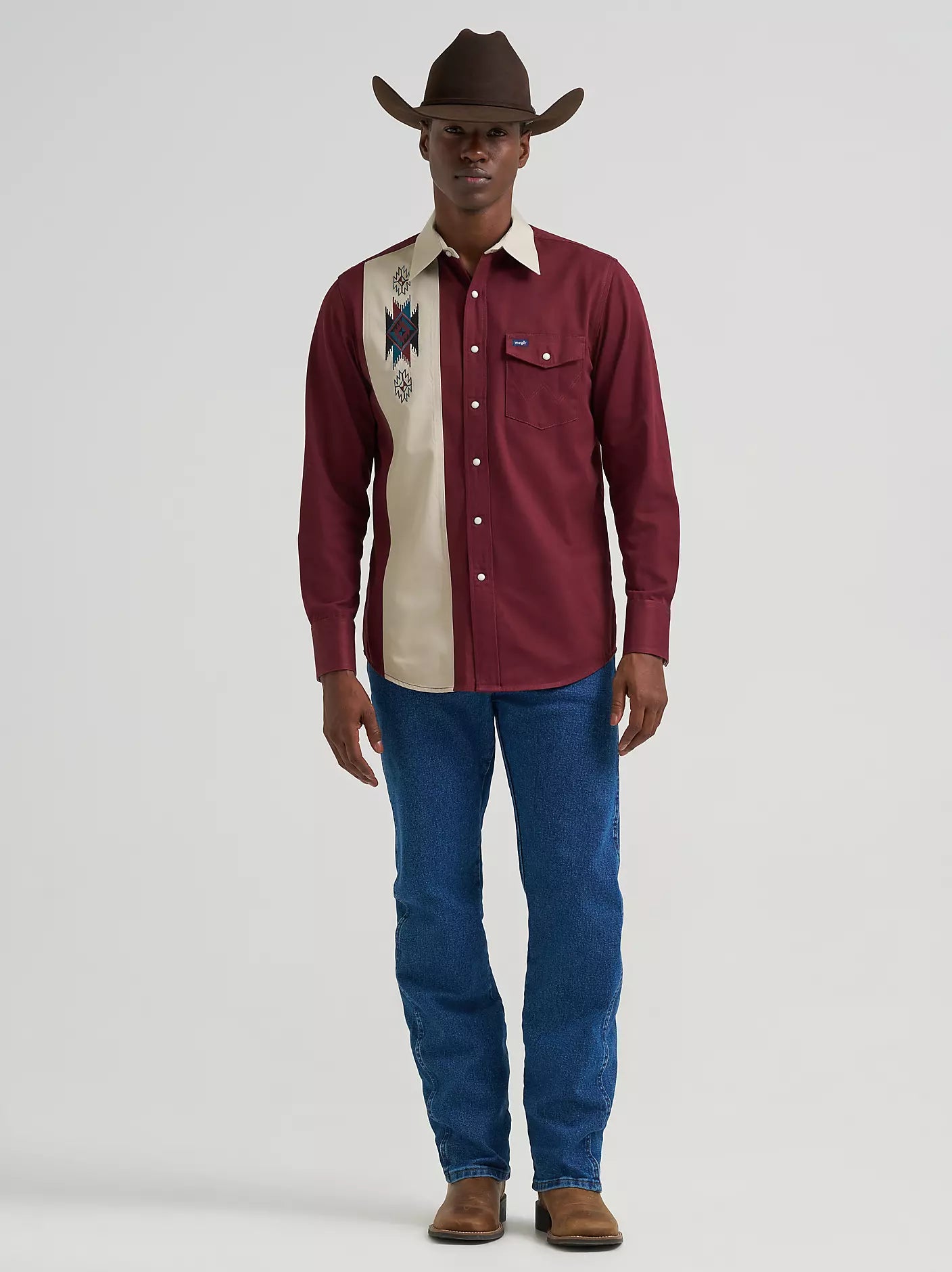Vintage-Inspired Contrast Band Western Snap Shirt