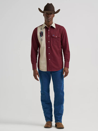Vintage-Inspired Contrast Band Western Snap Shirt