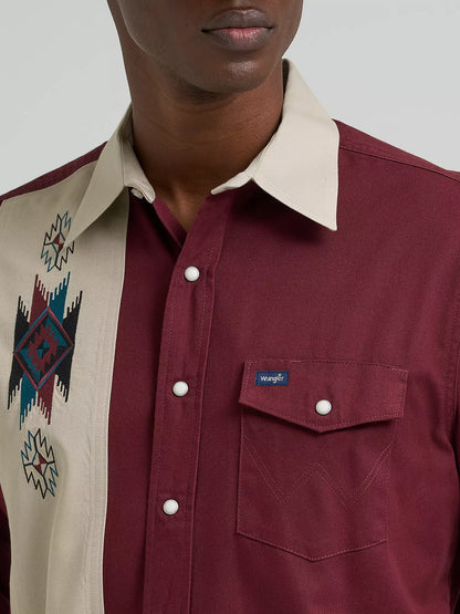 Vintage-Inspired Contrast Band Western Snap Shirt