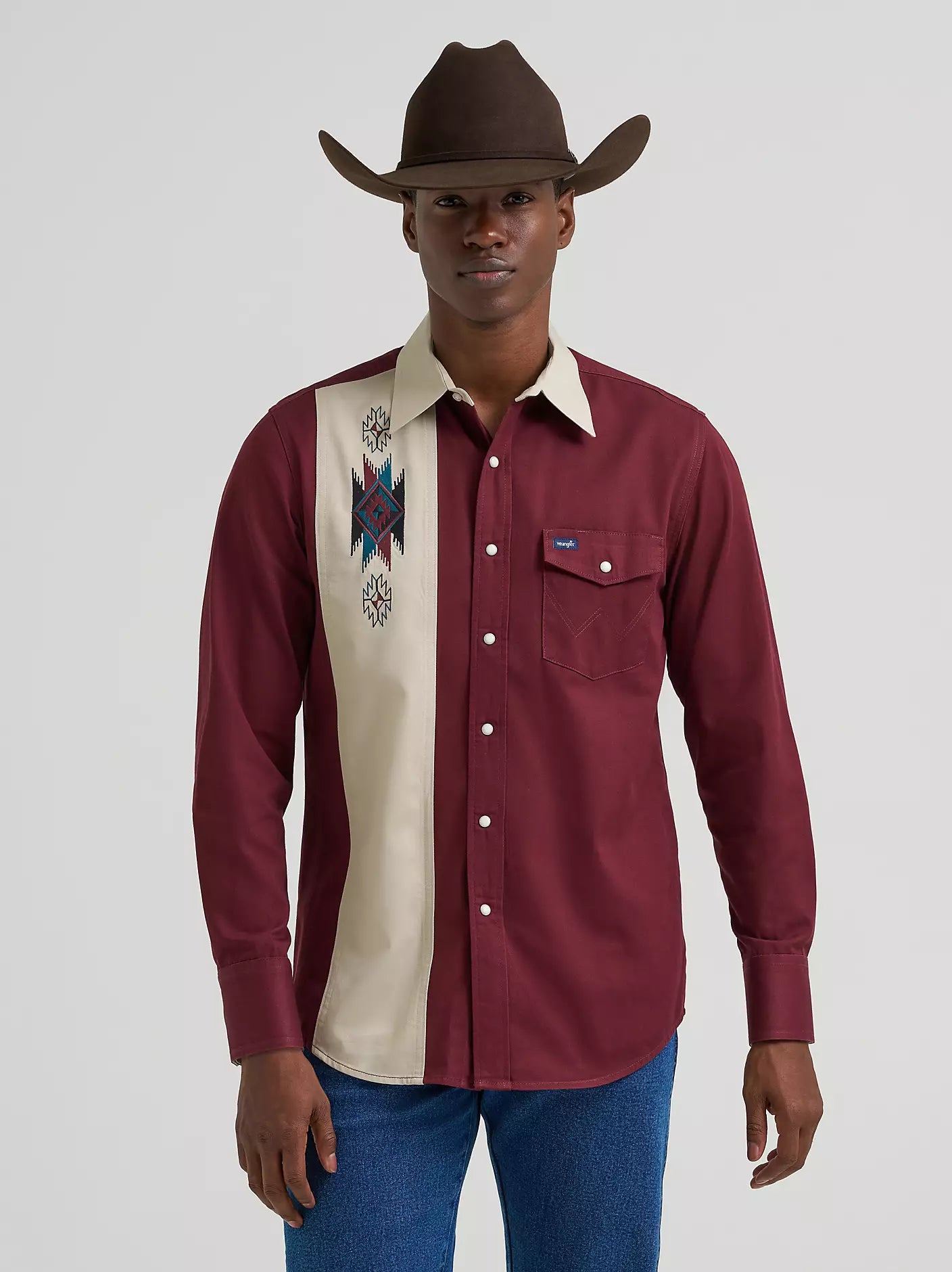 Vintage-Inspired Contrast Band Western Snap Shirt