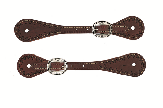 Youth Hand-Tooled Triangle Border Spur Straps, Chestnut