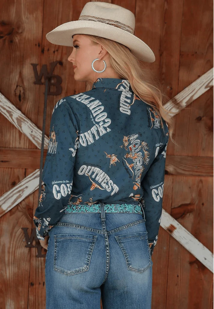 Ladies Girlfriend Fit Western Shirt - Blue