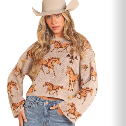 Ladies Horse Print Knit Sweater