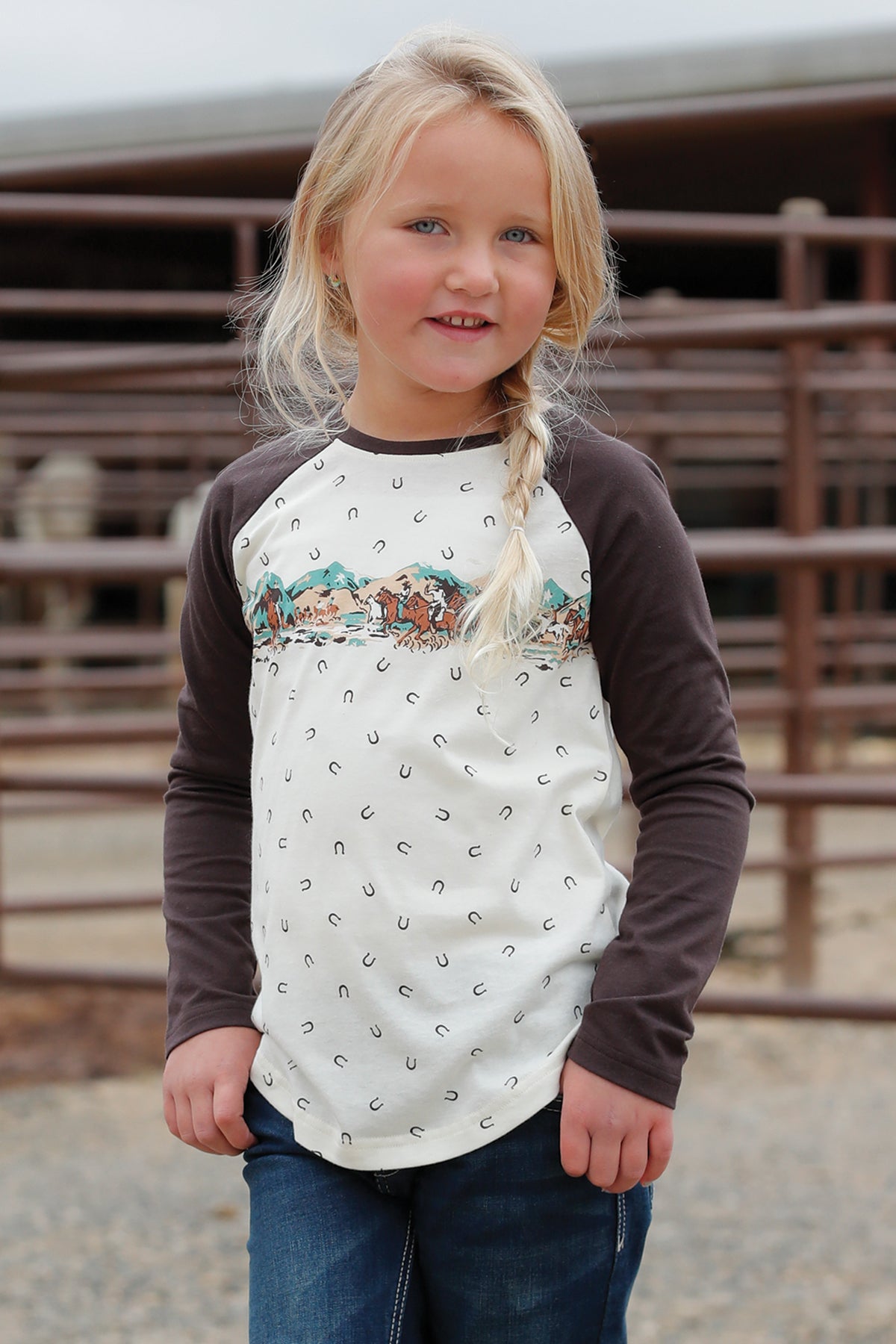 Girls Horseshoe Print Longsleeve Tee - Cream/Brown