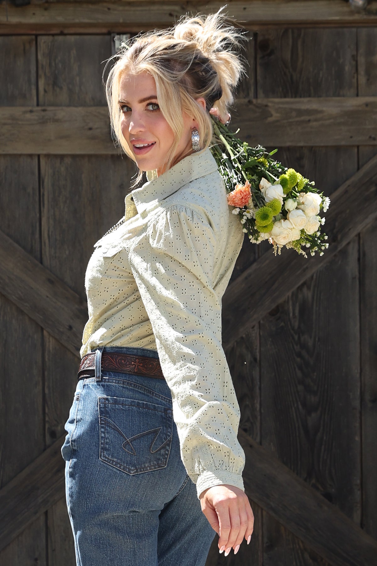 Solid Green Eyelet Western Snap Shirt
