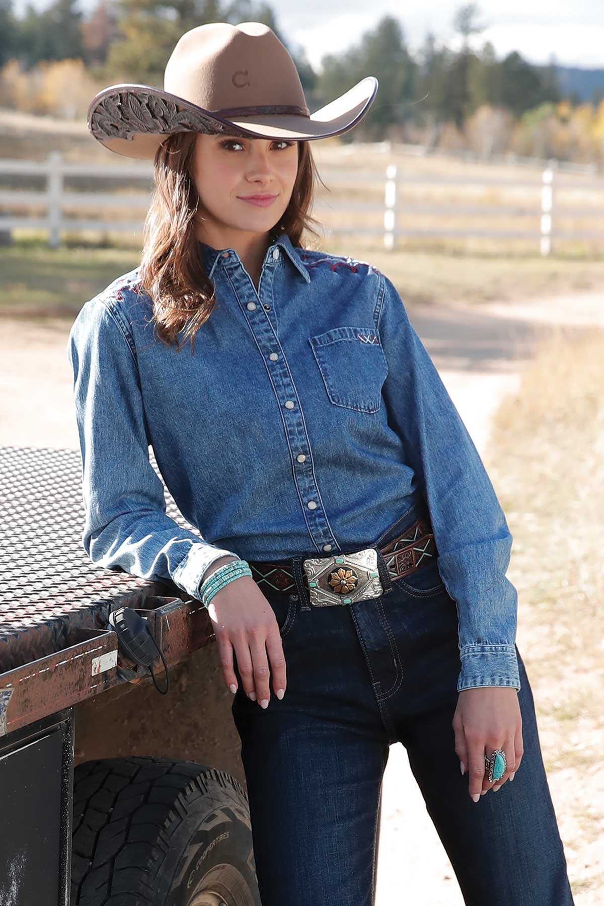 Ladies Girlfriend Fit Western Shirt - Denim