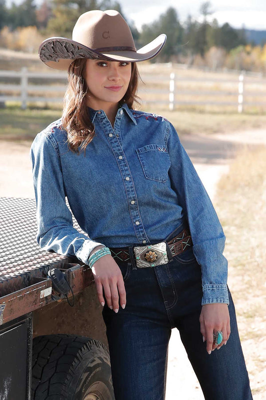 Ladies Girlfriend Fit Western Shirt - Denim