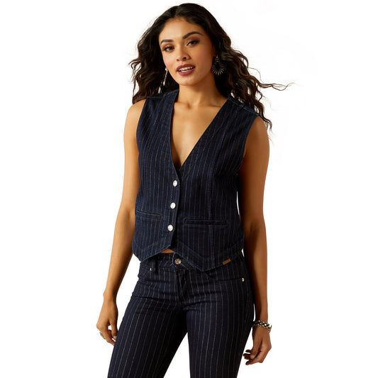 Ladies Tailored Denim Vest- Silver Pin Stripe