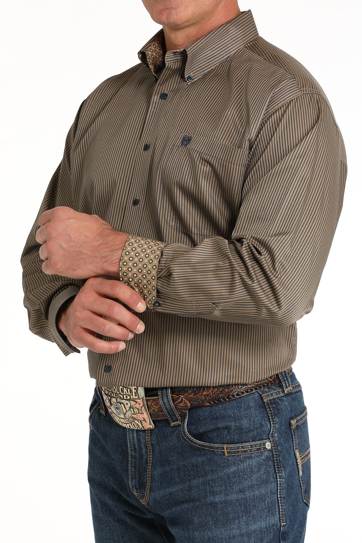 Men's Classic Fit Western Shirt - Brown Stripe