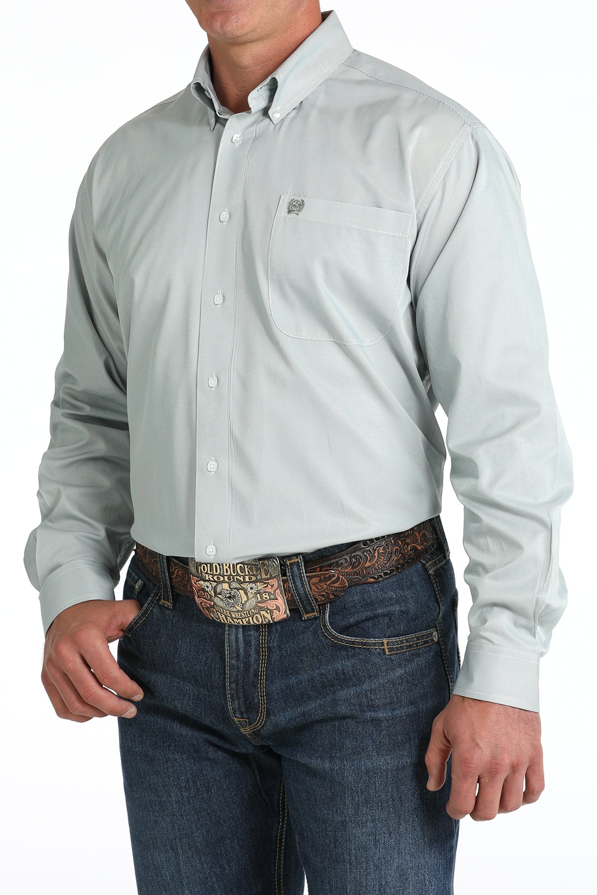 Men's Classic Fit Western Shirt - Green Stripe