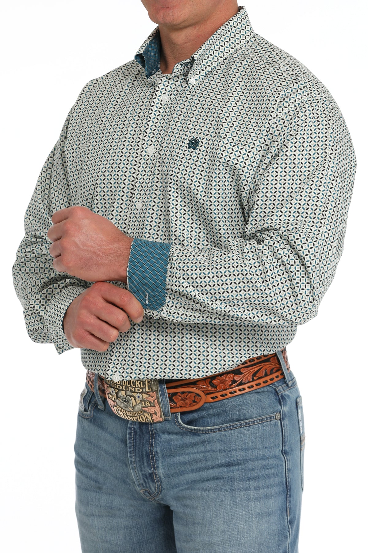 Men's Classic Fit Western Shirt - Teal/Lime