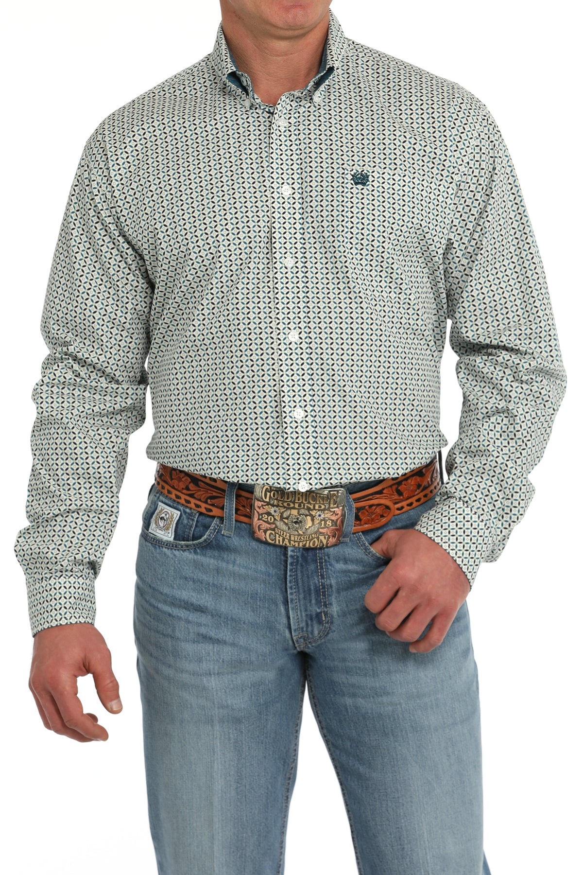 Men's Classic Fit Western Shirt - Teal/Lime