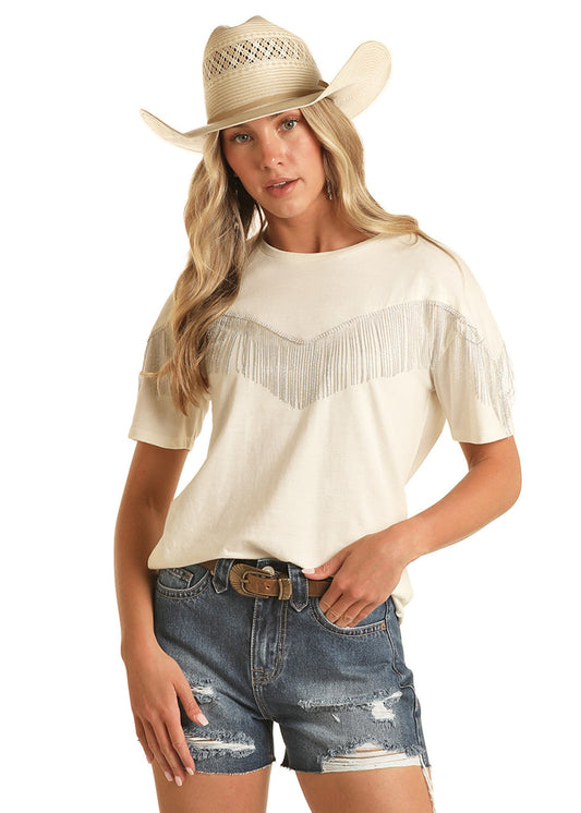 Ladies T-Shirt White with Fringe