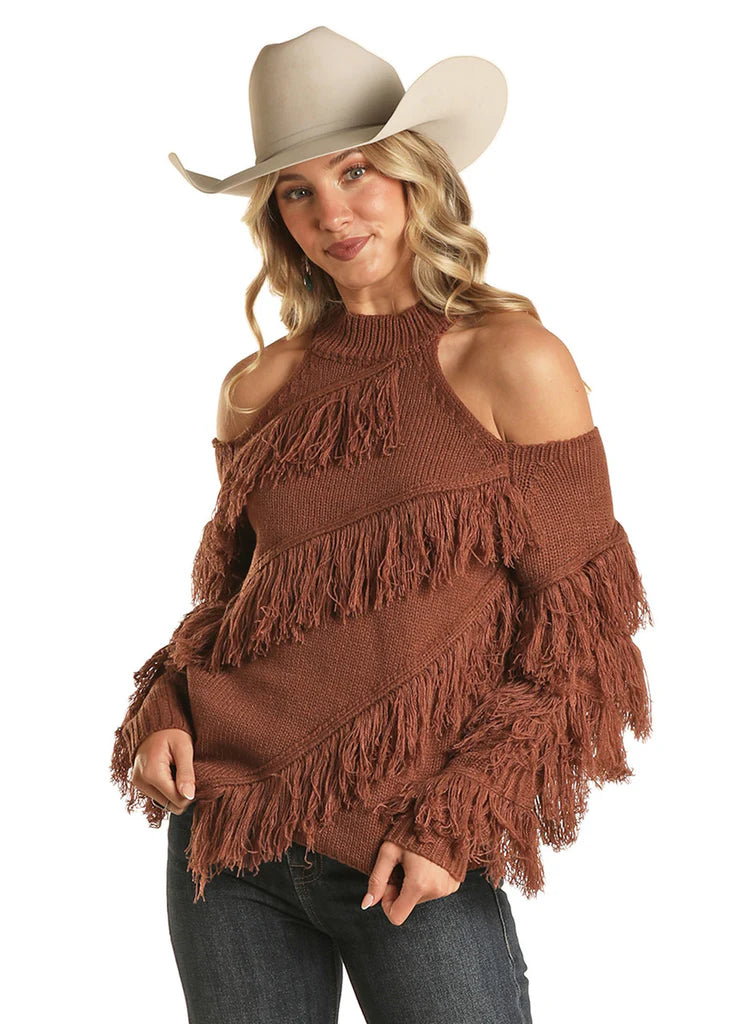 Ladies Fringe Sweater - Brown