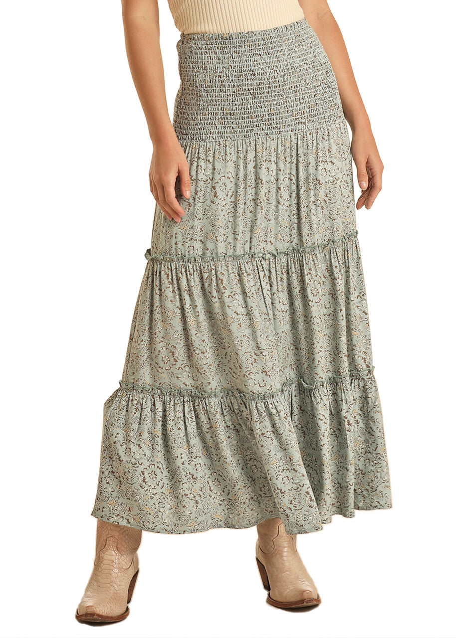 Ladies Tiered Maxi Skirt Green