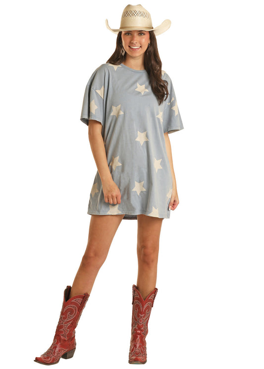 Ladies Star Print T-Shirt Dress Blue