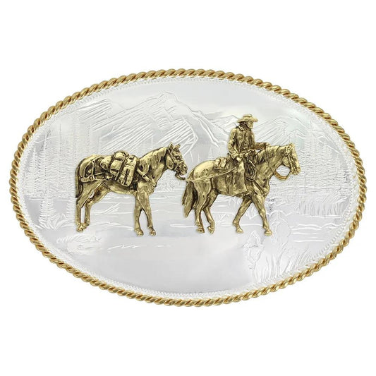 Etched Mountains Western Belt Buckle with Pack Horse and Rider