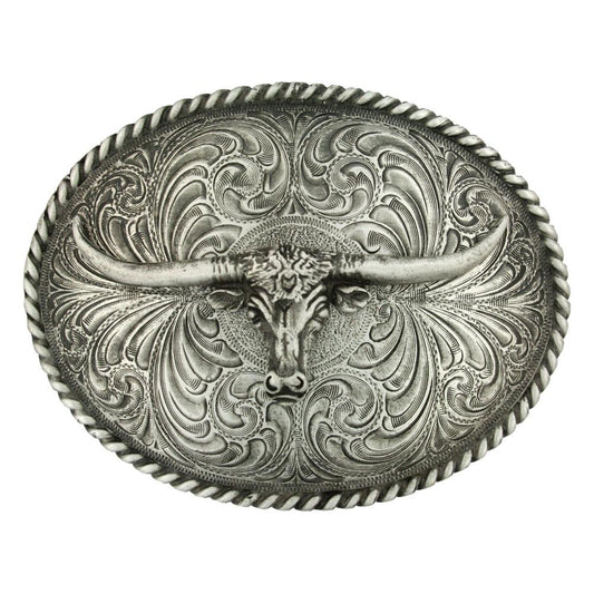 Oval Longhorn Classic Antiqued Attitued Belt Buckle