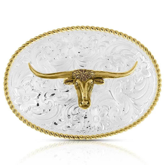 Small Two-Tone Engraved Western Buckle with Longhorn